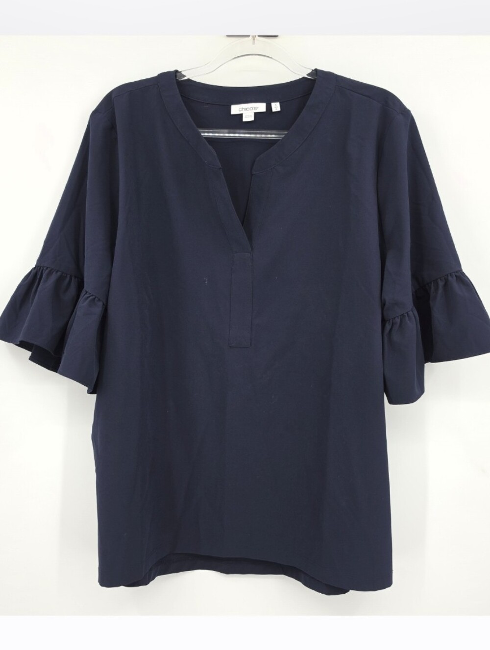 Chicos 3 Ruffle Sleeve Popover Blouse XL Navy Blue Short Sleeve Business Casual
